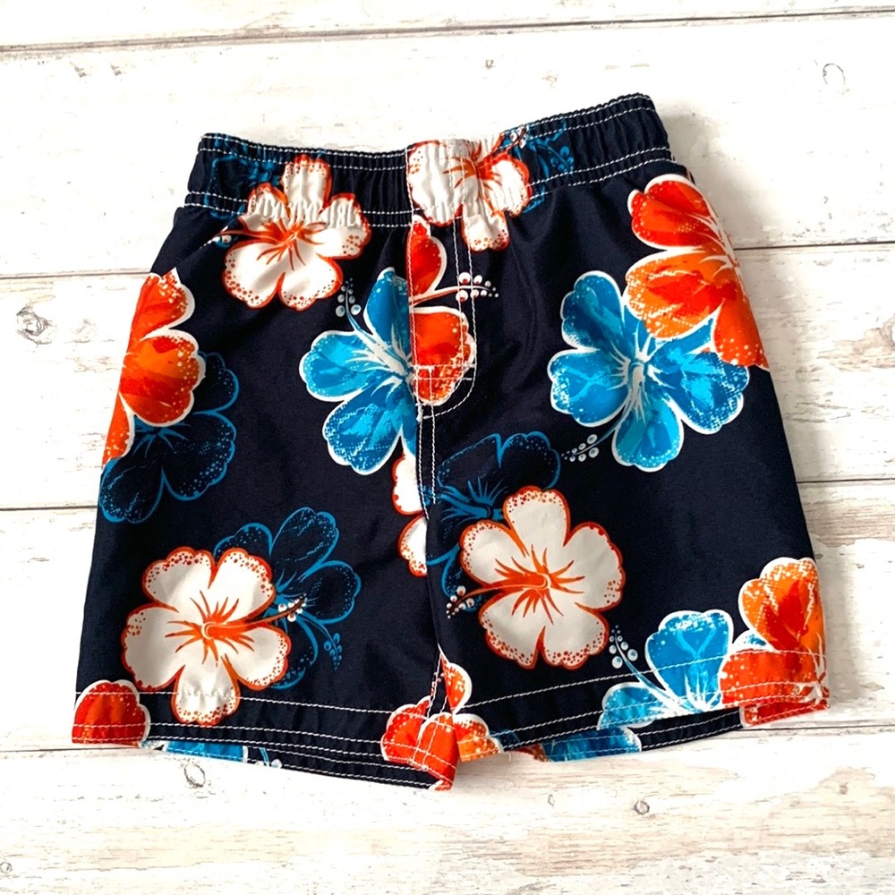 Boys 24m Swim Trunks Swimsuit Navy Blue Hawaiian Floral Flower Print 1989 Place